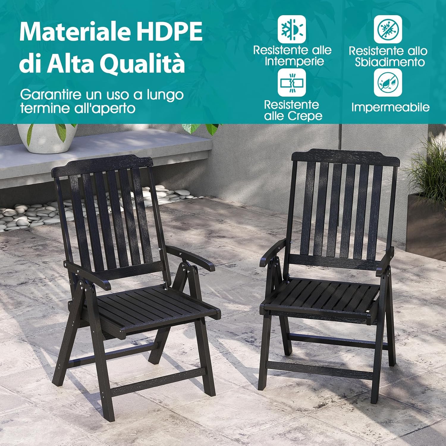 Sedia Esterno Pieghevole, Sedia Ergonomica in HDPE con Braccioli, Schienale Curvo e Seduta a Doghe, Poltrona Pranzo per Giardino Balcone Patio, Portata 150 kg (Nero)