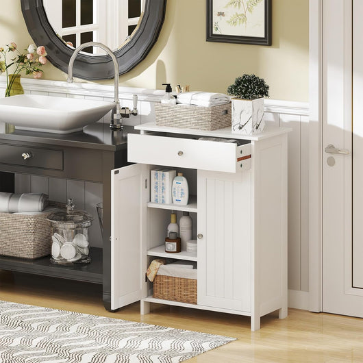 Moblie da Bagno, Armadietto da Terra Salvaspazio con Cassetto e Ripiano Regolabile, Mobiletto Multifunzionale per Bagno, Soggiorno, Cucina, Ingresso, 60 x 30 x 80 cm, Portata 75 kg (Bianco)