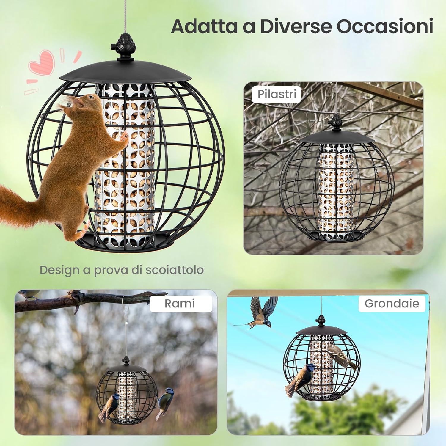 Mangiatoia per Uccellini da Esterno Antiscoiattolo, Mangiatoia per Uccelli Selvatici in Metallo Resistente, Ideale per Giardino, Balcone e Terrazza, Capacità 3 KG