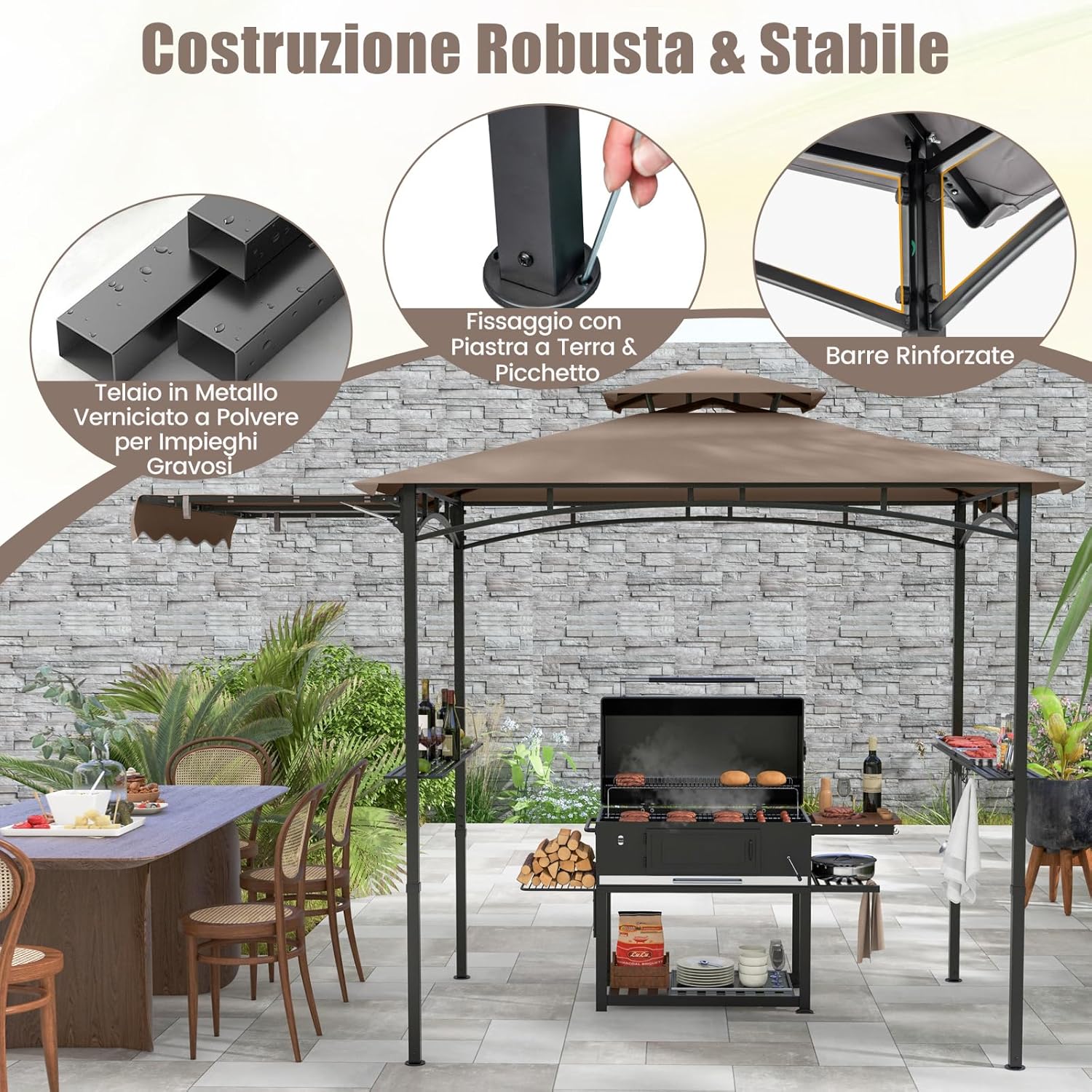 Gazebo per Barbecue, Pergola per BBQ con Tendalino Laterale, Tetto a 2 Livelli, 2 Ripiani Laterali, Ganci Appesi, Apribottiglie, per Giardino e Cortile, 318 x 153 x 250 cm (Marrone)