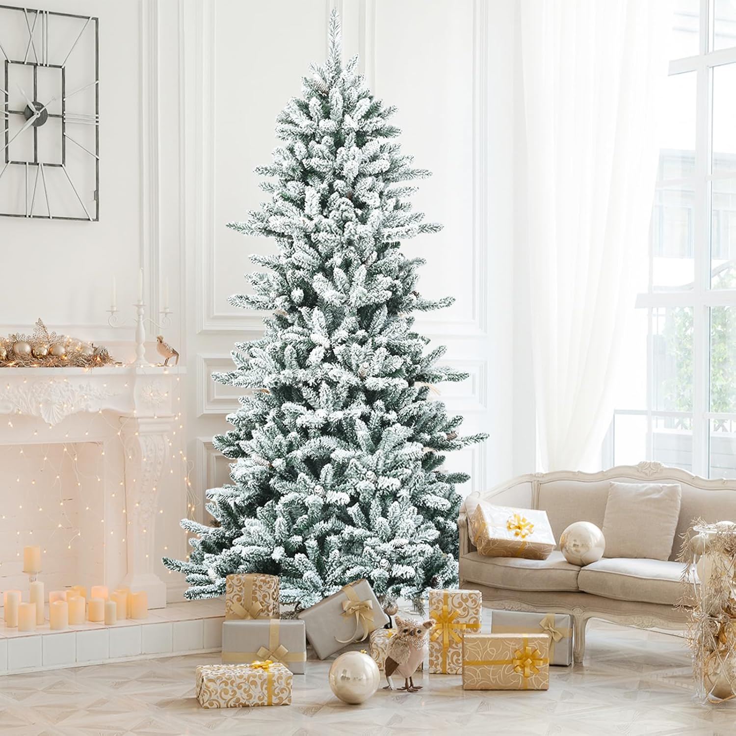 Albero di Natale Innevato 210 cm, Albero di Natale con 1108 Rami Densi, Pigne Bianche e Base in Ferro, Albero di Natale Artificiale e Realistico per Casa, Negozio e Ufficio