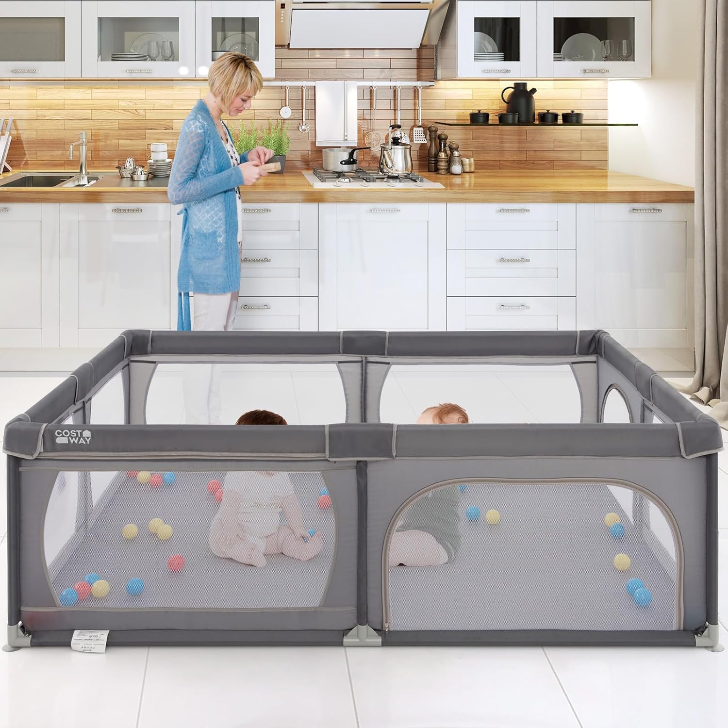 Recinto per Bambini, Box per Bambini con Rete Traspirante, Centro Attività per Bambini con 50 Palline, Box Giochi per Bambini 0-3 Anni (Grigio Scuro, 206 x 147 cm)