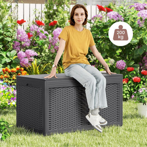 Baule da Esterno 380 L Impermeabile, Cassapanca Contenitore in Rattan con Coperchio Bloccabile e Ruote, Baule Salvaspazio per Mantenere Cuscini e Attrezzi da Interno e Esterno (Grigio)