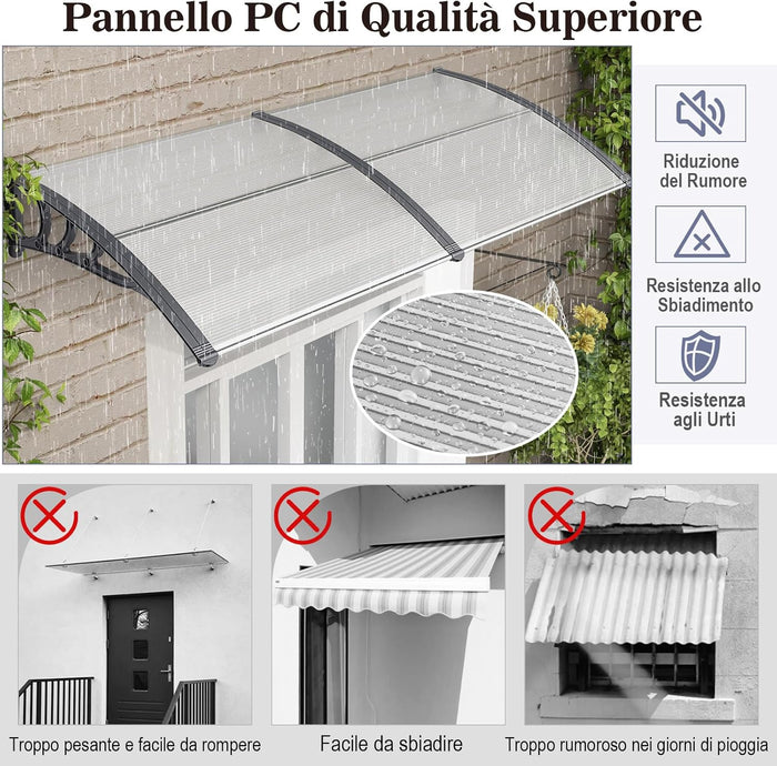 Tettoia per Porta Finestra, Pensilina Tettoia per Porta in Policarbonato, per Protezione da Sole, Pioggia, Neve, per Balcone, Finestre e Porte (Trasparente, 199 x 99 x 28 cm)