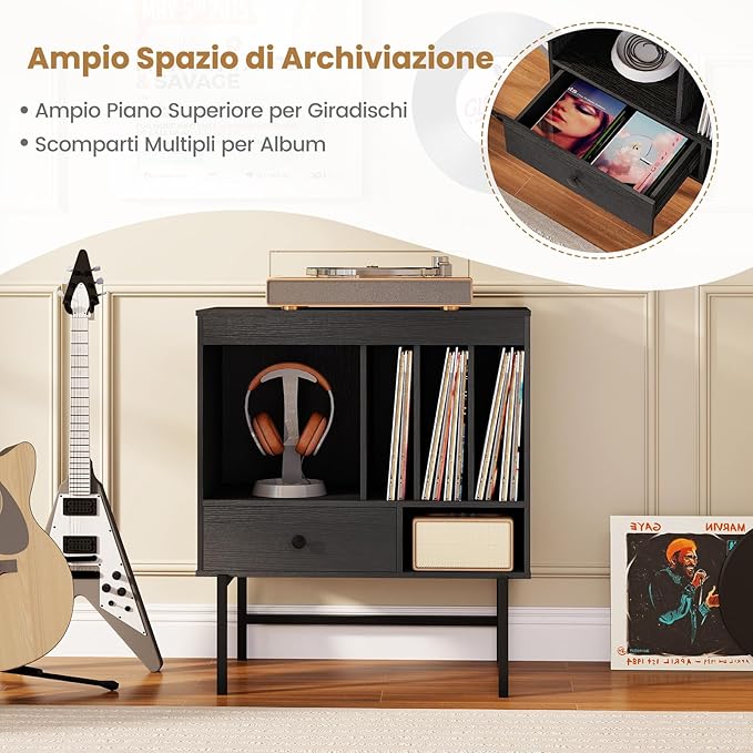 Armadio Camera da Letto 70 x 36 x 80 cm, Credenza Salvaspazia in Legno con Scomparti Aperti, Supporti per Album e Cassetto, Mobile Moderno per Sala Musica e Soggiorno (Nero)