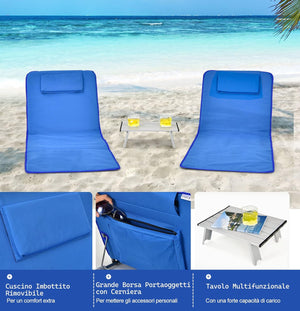 Tappettino da Spiaggia, Set di 2 Tappettini Spiaggia con Tavolino, Materassino Prendisole Pieghevole, Lettino da Spiaggia con Poggiatesta e Schienale Regolabile, Portabile con Tracolla