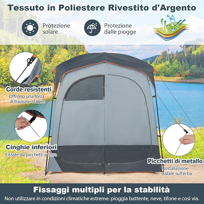 Tenda Spogliatoio da Esterno a 2 Stanze, Tenda da Doccia da Campeggio con Parapioggia Rimovibile, Stendibiancheria e Borsa, Tenda per WC Doccia per Campeggio, Spiaggia e Pesca(Grigio)