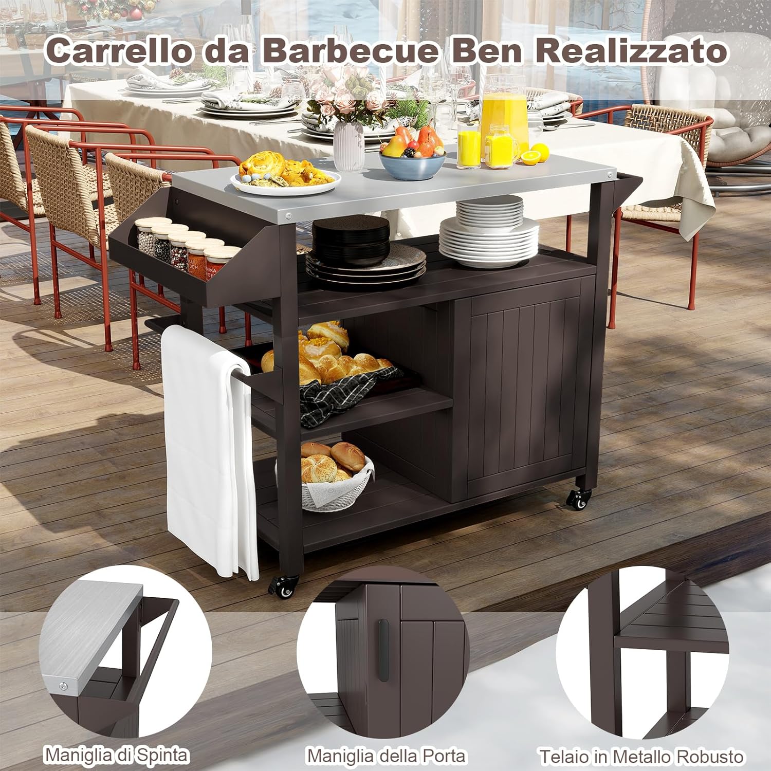 Carrello per Grill da Esterno, Carrello in Metallo con Armadietto, Ruote Bloccabili Universali, Ripiani e Piano in Acciaio Inox, Isola da Cucina per Barbecue, Festa e Campeggio