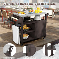 Carrello per Grill da Esterno, Carrello in Metallo con Armadietto, Ruote Bloccabili Universali, Ripiani e Piano in Acciaio Inox, Isola da Cucina per Barbecue, Festa e Campeggio
