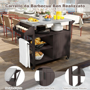 Carrello per Grill da Esterno, Carrello in Metallo con Armadietto, Ruote Bloccabili Universali, Ripiani e Piano in Acciaio Inox, Isola da Cucina per Barbecue, Festa e Campeggio