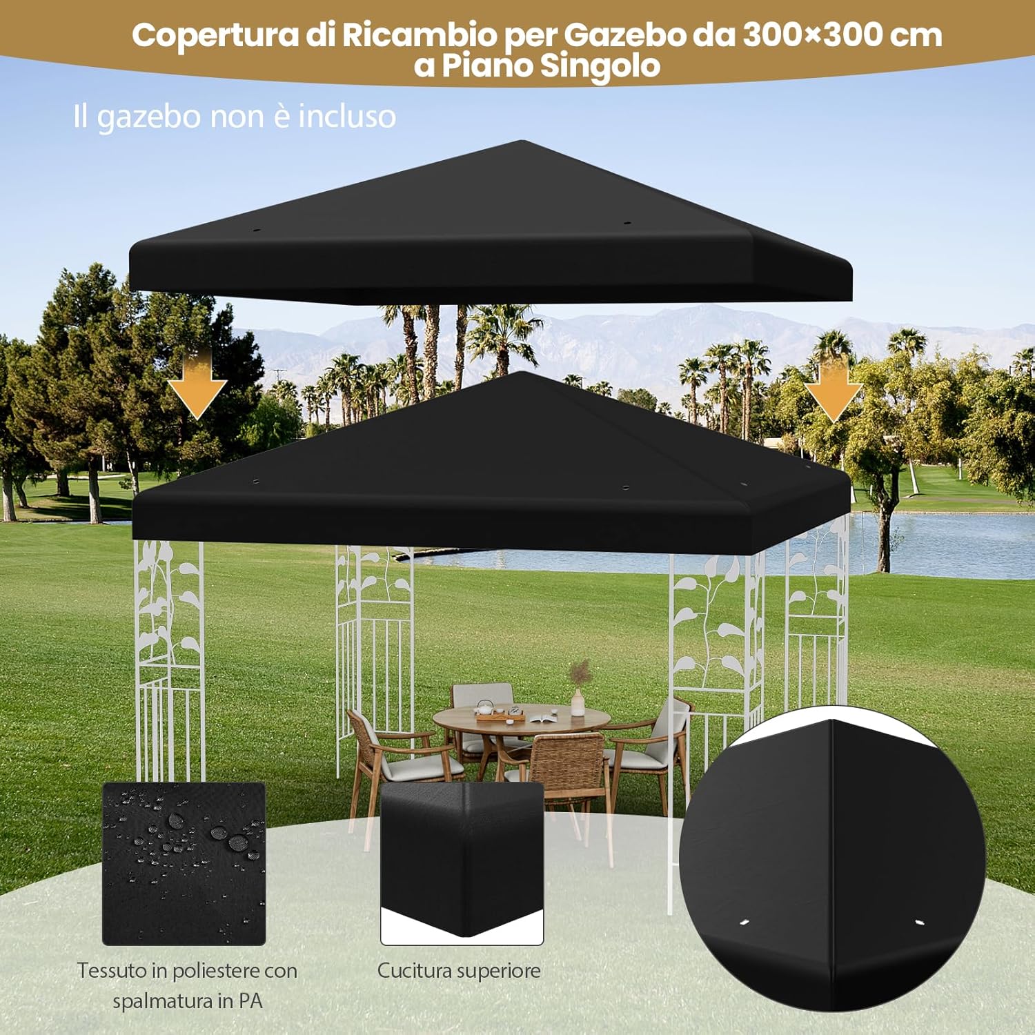 Copertura per Gazebo, Tetto Ricambio per Gazebo, Tetto del Padiglione 3x3 m (Nero)