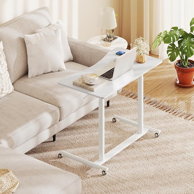 Scrivania Regolabile in Altezza a Forma di C, Scrivania con Ruote Bloccabili e Struttura in Metallo, Tvolo Portatile per Laptop e per Spazi Ridotti (Bianco)