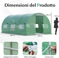 Serra da Giardino, Serra Tunnel per Orto e Piante con Copertura Resistente, Struttura Robusta in Acciaio Zincato, Finestre Avvolgibili e Porte con Cerniera (400 x 300 x 200 cm)