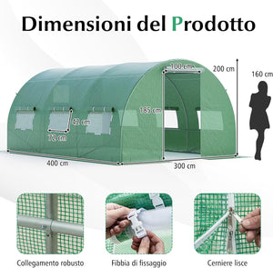 Serra da Giardino, Serra Tunnel per Orto e Piante con Copertura Resistente, Struttura Robusta in Acciaio Zincato, Finestre Avvolgibili e Porte con Cerniera (400 x 300 x 200 cm)