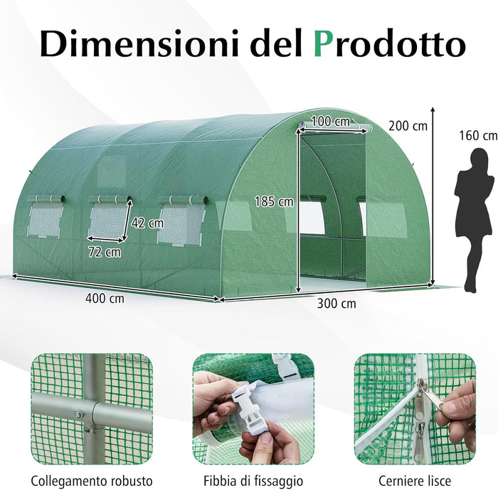 Serra da Giardino, Serra Tunnel per Orto e Piante con Copertura Resistente, Struttura Robusta in Acciaio Zincato, Finestre Avvolgibili e Porte con Cerniera (400 x 300 x 200 cm)