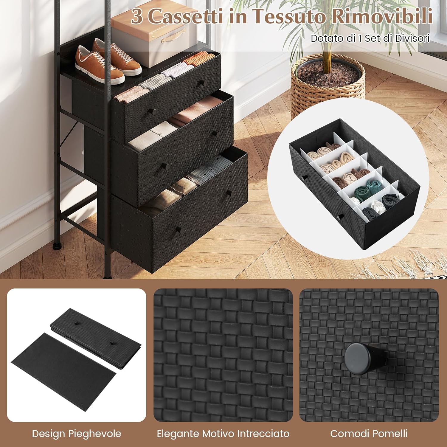 Appendiabiti con Cassetti in Tessuto, Armadio Autoportante con Asta Appendiabiti a 3 Posizioni e Ripiani di Stoccaggio, Ideale per Ingresso Camera da Letto, 55x28x176 cm (Nero)