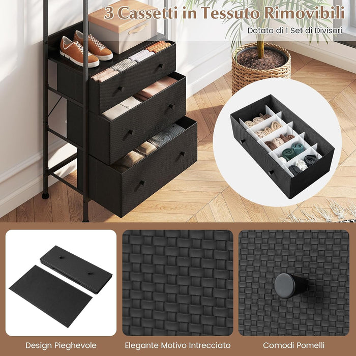 Appendiabiti con Cassetti in Tessuto, Armadio Autoportante con Asta Appendiabiti a 3 Posizioni e Ripiani di Stoccaggio, Ideale per Ingresso Camera da Letto, 55x28x176 cm (Nero)