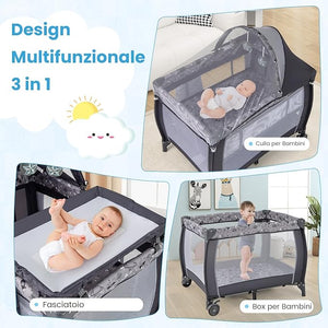 3-in-1 Lettino da Campeggio per Bambini, Lettino Portatile per Neonati con Fasciatoio, Culla Pieghevole con Materasso e Borsa da Trasporto, 2 Ruote Bloccabili, per Bambini 0-36 Mesi