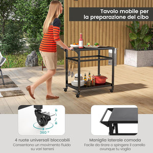 Carrello Barbecue da Esterno in Metallo, Carrello da Cucina Esterno con 2 Ripiano, 4 Ruote Bloccabili, Ganci, Maniglia Laterale, per Girdino, Cucina