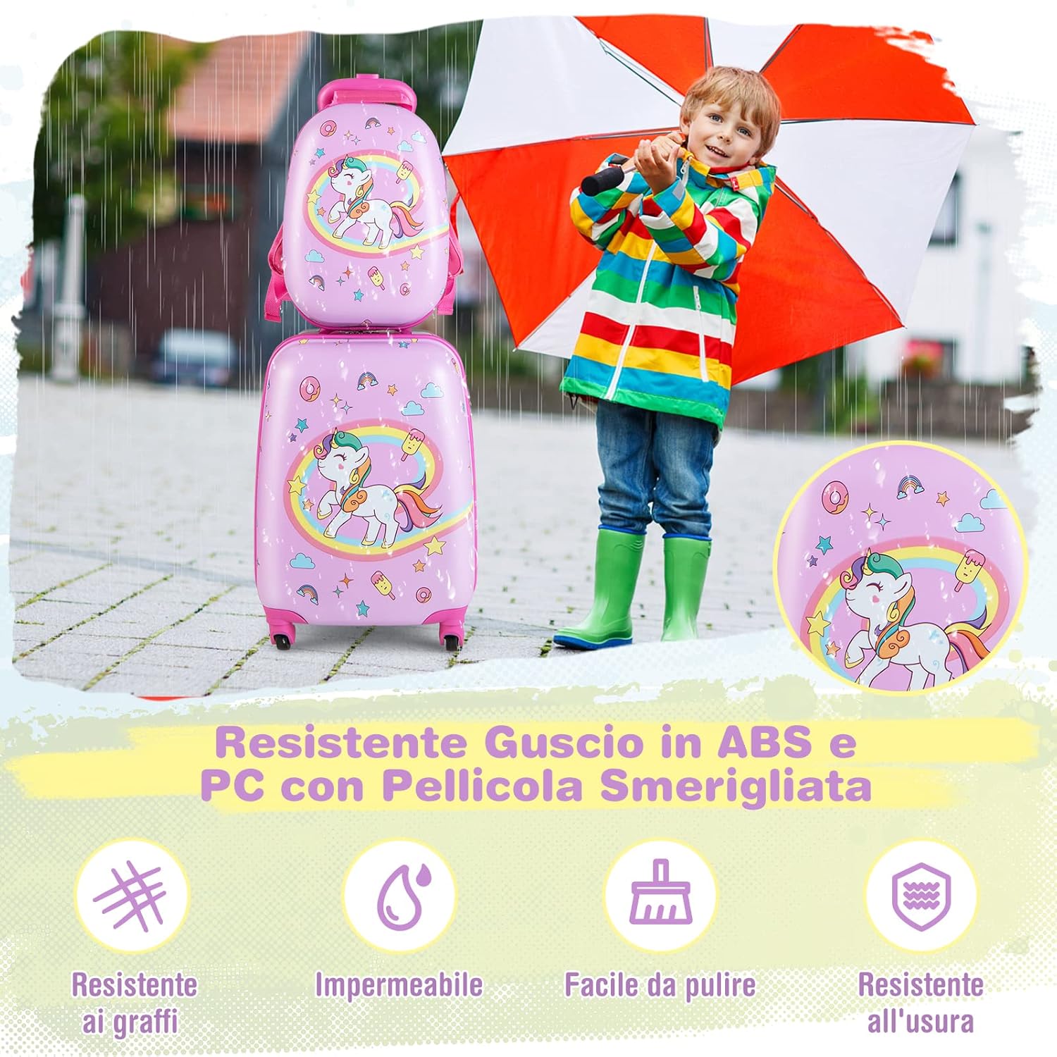 Set di Valigia per Bambini, 16" Valigia+ 12" Zaino, 2 Pezzi, con Ruote Girevoli a 360° e Maniglia Retrattile, Ideale per Viaggiare in Modo Comodo e Divertente (Modello 21)