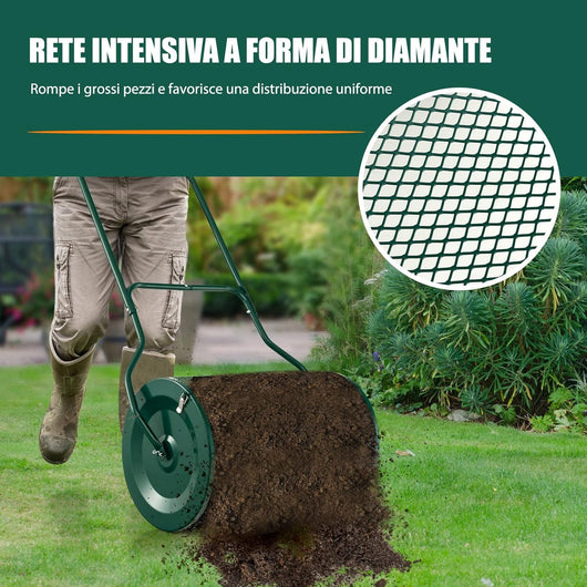 Spandiconcime da 60,5 cm, Rullo da Giardino con Impugnatura Pratica Chiusure Laterali e Rete in Metallo per Concimazione e Semina, Rullo Spandiconcime per Prato Giardino, Verde
