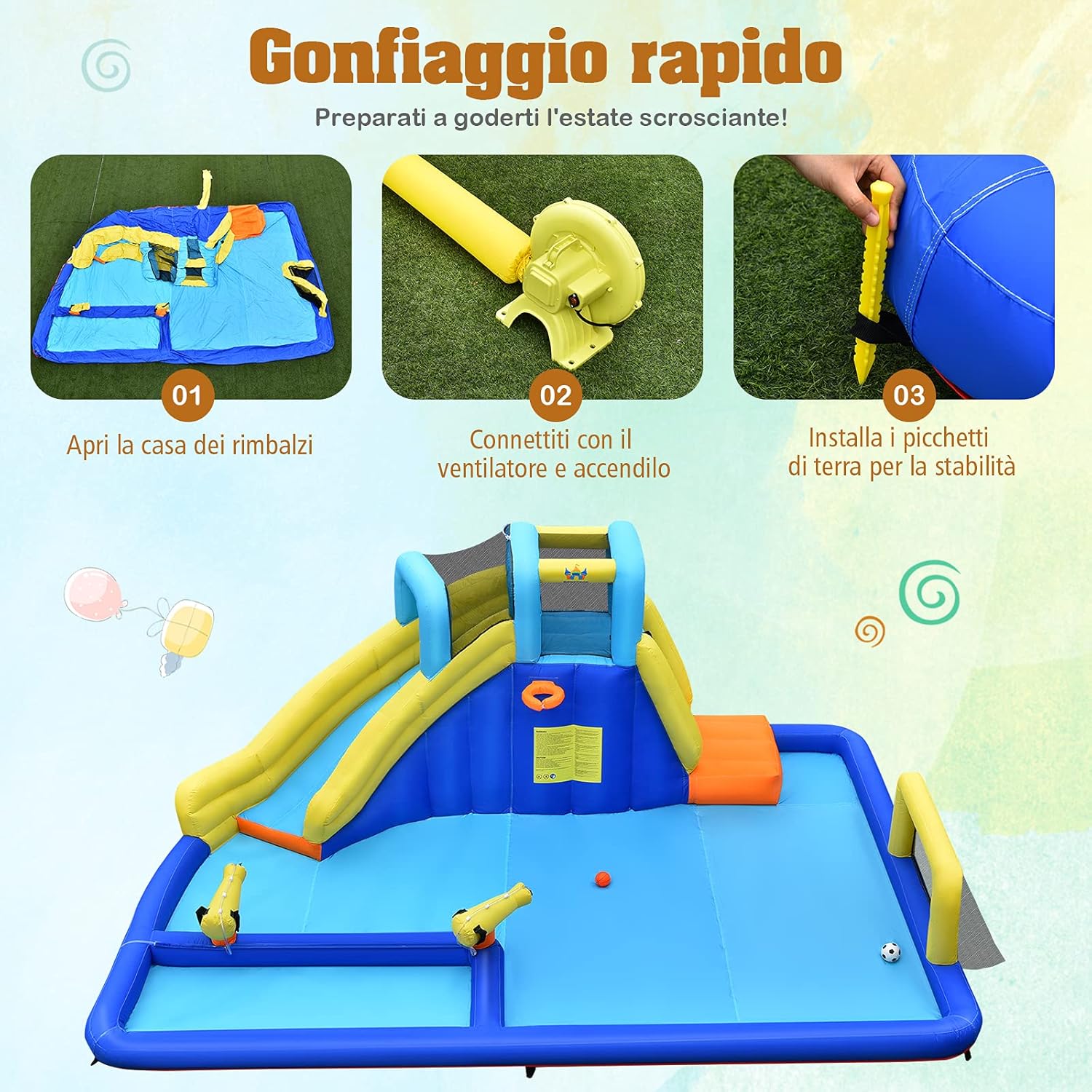 Castello Gonfiabile per Bambini, con Scivoli, Muro da Arrampicata e Piscina, per 3 Bambini 3-10 Anni, con Borsa di Trasporto e Kit Riparazione (con soffiatore)