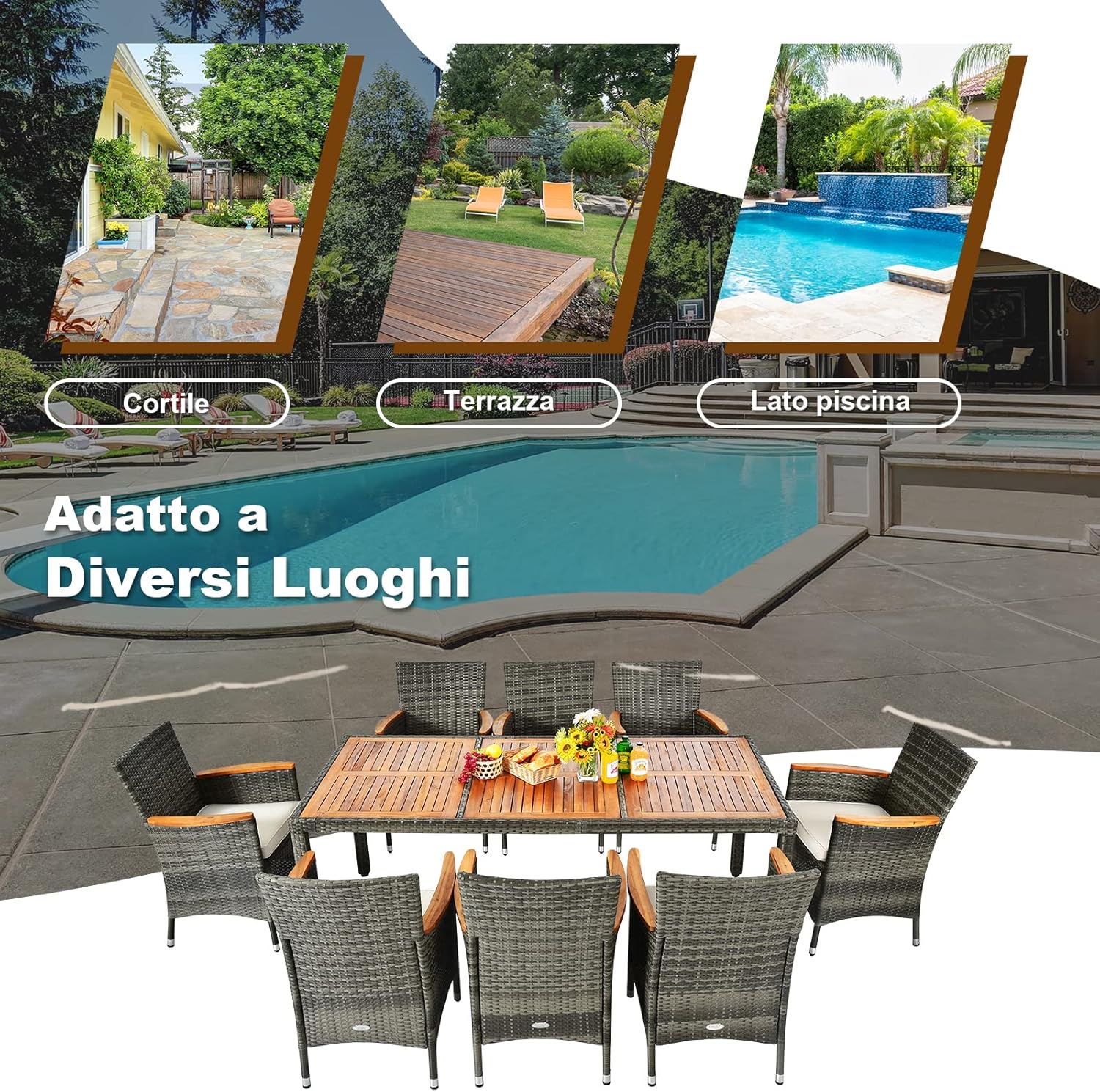 Set 9 Pezzi da Pranzo per giardino, Set di Mobili Esterno in Rattan PE, con 1 Tavolo Rettangolare e 8 Sedie con Cuscini, Ideale per Giardino Piscina e Cortile