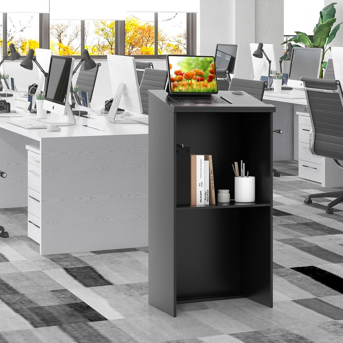 Leggio per Oratori, Podio per Conferenza con Ripiani e Fori per Cavi, Leggio da Pulpito in Legno per Aula, Ufficio, Ristorante e Seminario, Nero