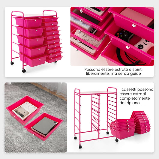 Carrello con 15 Cassetti Impilabili, Carrello di Stoccaggio con Ruote, Carello Portaoggetti per Casa e Ufficio, 63 x 37 x 87 cm (Rosa scuro)