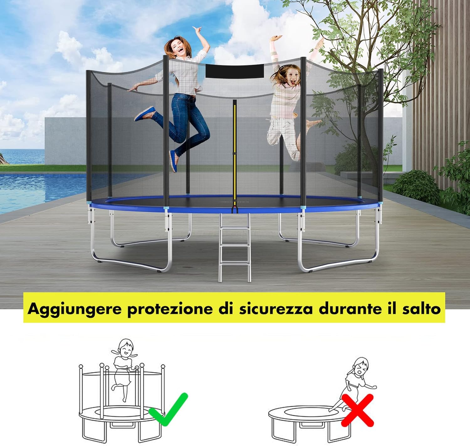 Rete per Trampolino Sostitutiva 244cm/305cm/366cm/427cm/457cm/488cm, Ideale per Struttura Rotonda con 6/8 Paletti con Doppie Cerniere, Fibbie di protezione e Ganci