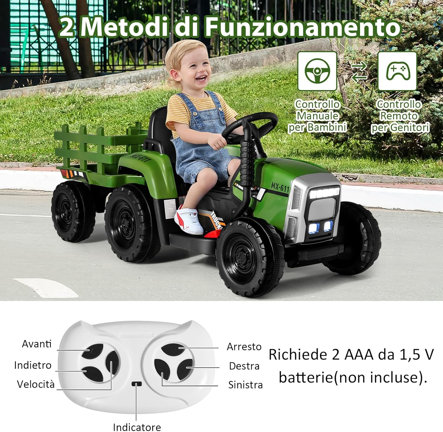 Trattore con Rimorchio Cavalcabile per Bambini 12V, Trattore Elettrico Telecomandato, con Luci e Suoni, 30kg, 3+ Anni (Verde Scuro)