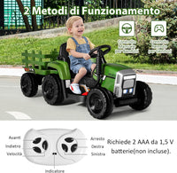 Trattore con Rimorchio Cavalcabile per Bambini 12V, Trattore Elettrico Telecomandato, con Luci e Suoni, 30kg, 3+ Anni (Verde Scuro)