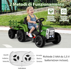 Trattore con Rimorchio Cavalcabile per Bambini 12V, Trattore Elettrico Telecomandato, con Luci e Suoni, 30kg, 3+ Anni (Verde Scuro)
