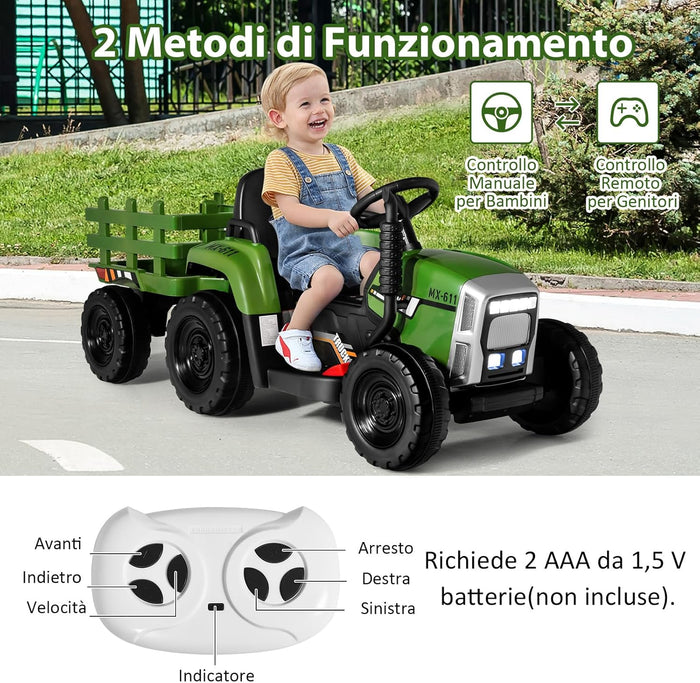 Trattore con Rimorchio Cavalcabile per Bambini 12V, Trattore Elettrico Telecomandato, con Luci e Suoni, 30kg, 3+ Anni (Verde Scuro)