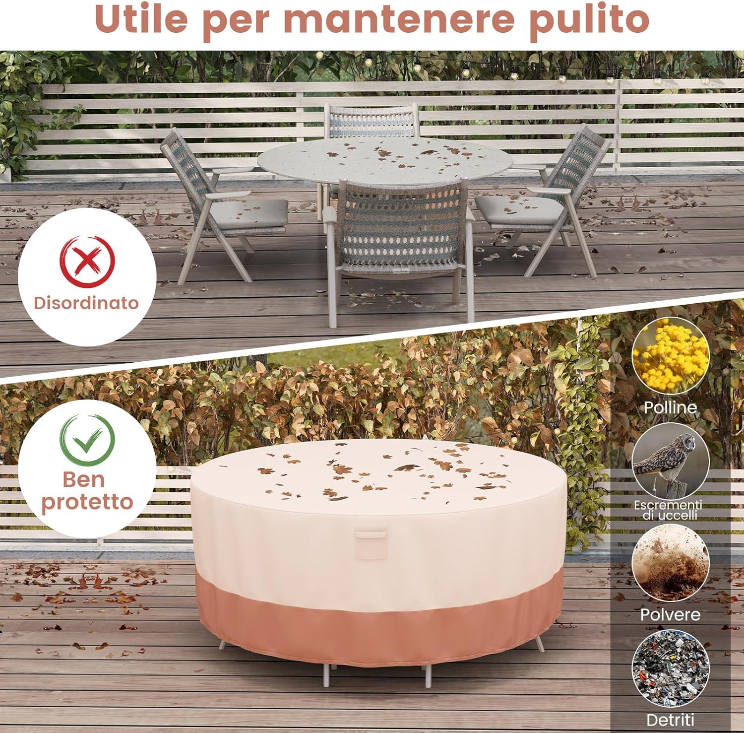 Copertura per Mobili da Giardino Rotonda da 158/183/213 CM, Copertura per Tavolo e Sedie da Esterno con Ventilazione, Fibbie e Coulisse, Impermeabile (S, Beige)