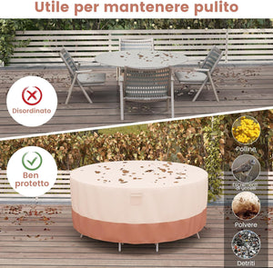 Copertura per Mobili da Giardino Rotonda da 158/183/213 CM, Copertura per Tavolo e Sedie da Esterno con Ventilazione, Fibbie e Coulisse, Impermeabile (S, Beige)