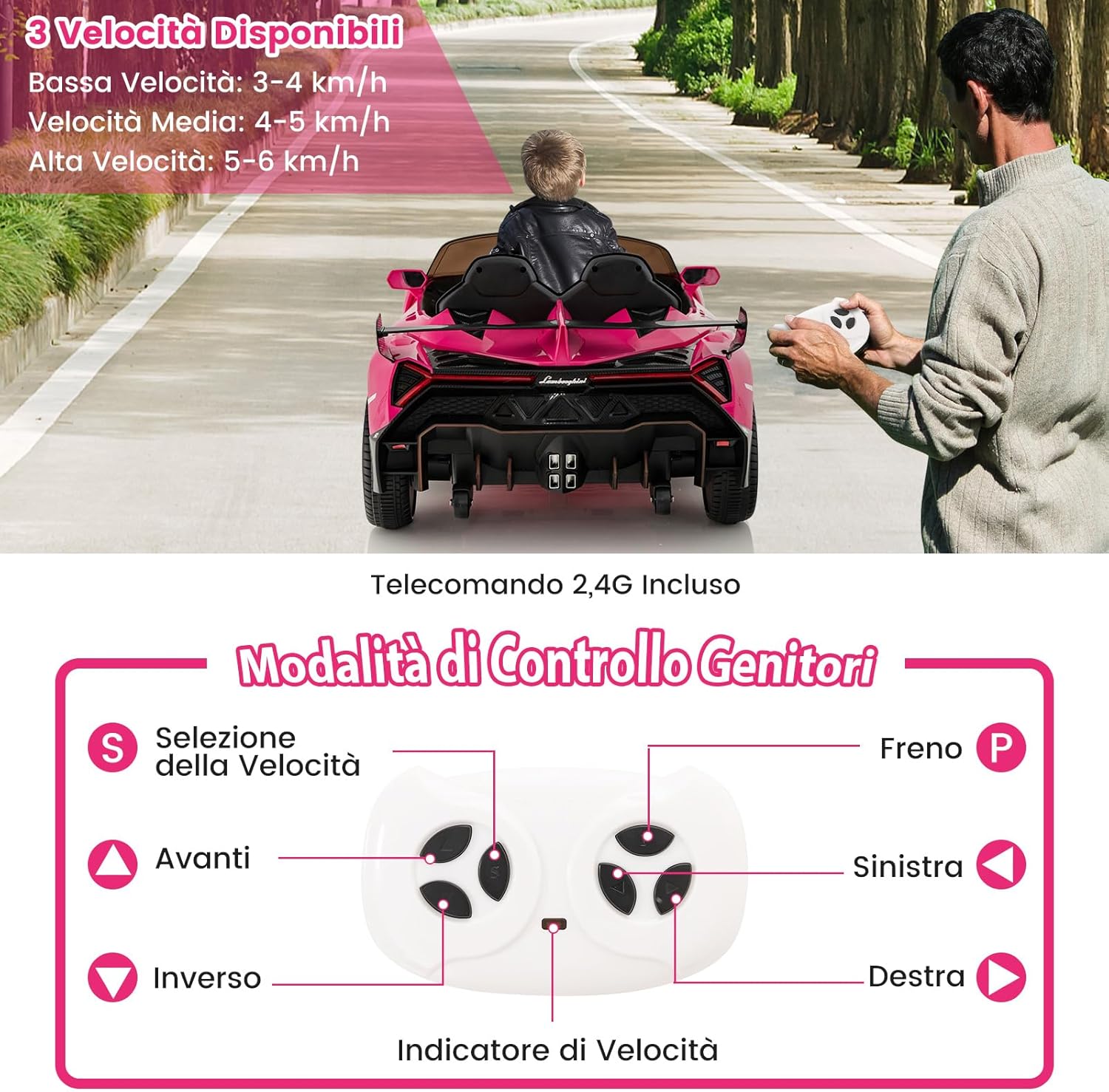 Lamborghini Macchina Elettrica per Bambini, Auto Elettrica Cavalcabile con Telecomando Luci LED, 3 Velocità, 3-6 km/h, Modalità Dondolo, per Bambini 3-8 Anni (Rosa)