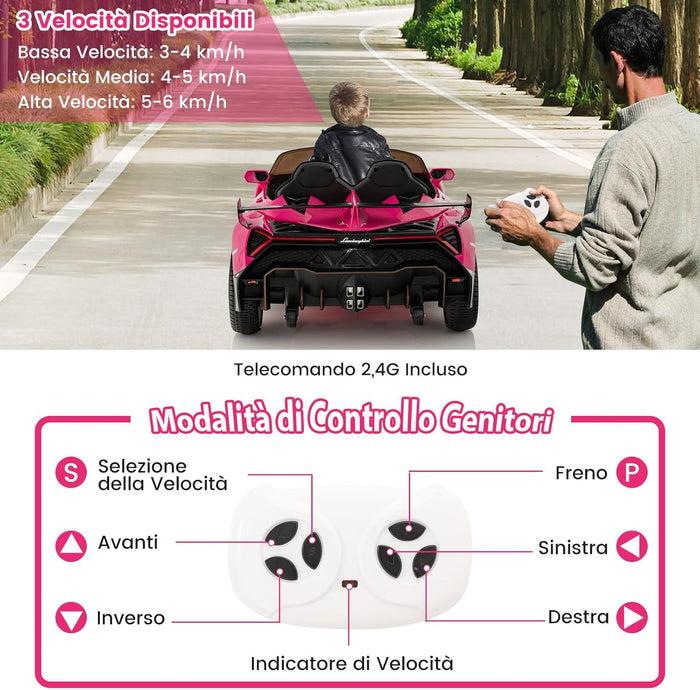 Lamborghini Macchina Elettrica per Bambini, Auto Elettrica Cavalcabile con Telecomando Luci LED, 3 Velocità, 3-6 km/h, Modalità Dondolo, per Bambini 3-8 Anni (Rosa)