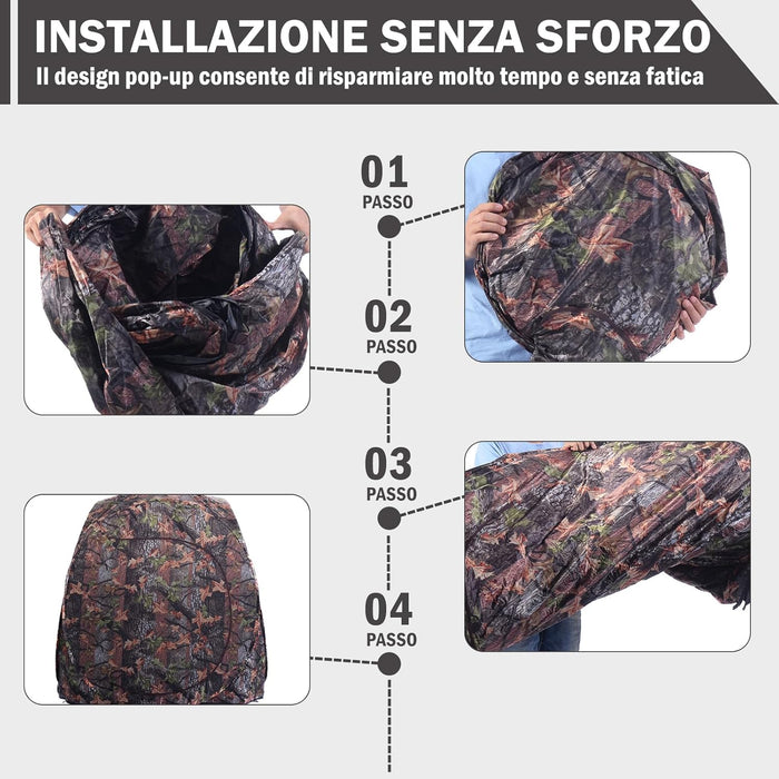Tenda da Caccia Pieghevole per 3 Persone, Tenda da Caccia con Telaio in Acciaio e Finestre a Maglie, Tenda Mimetica con Borsa per Trasporto, con Visione 270°