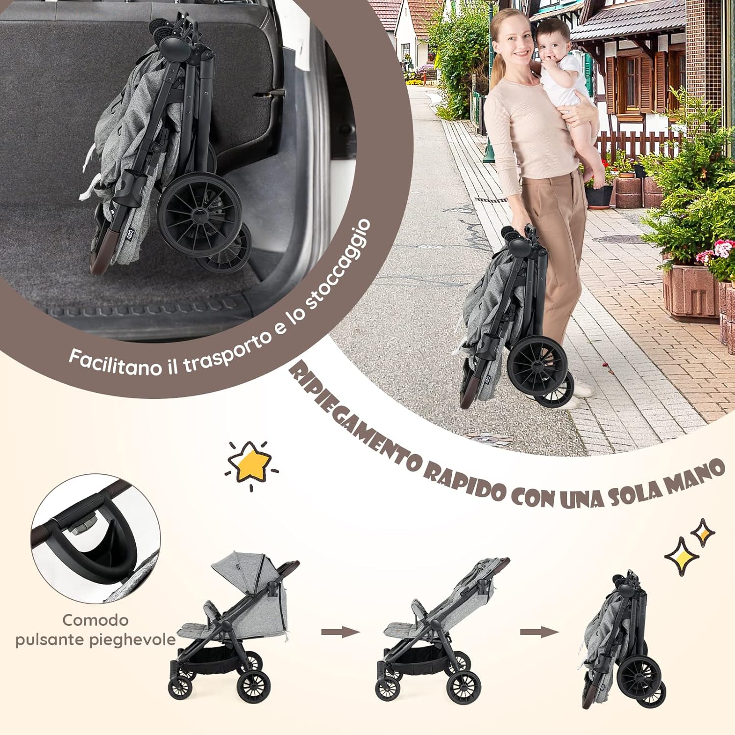 Passeggino Doppio Pieghevole per Bambini, Passeggino Portatile per Bambini con Schienale Regolabile, Cinture a 5 Punti, Poggiapiedi e Tettuccio, per Bambini 6-36 Mesi (Grigio Chiaro)