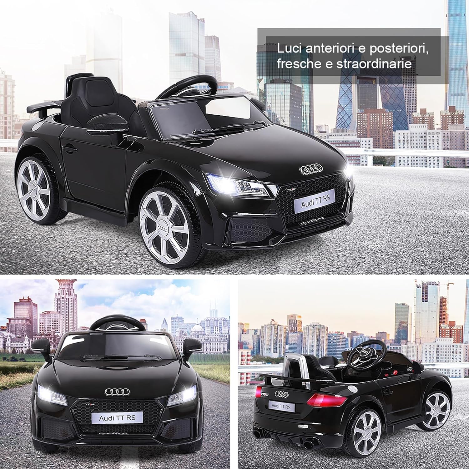 Audi 12V Auto Elettrica per Bambini, Macchina Elettrica con Velocità 2,5-5 km/ora, con Telecomando USB MP3 Luci LED (Nero)