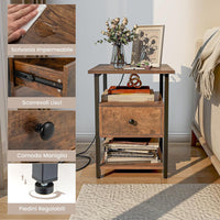 COSTWAY Comodino a 3 Piani con Stazione di Ricarica, Tavolino in Legno con Ripiani Aperti e Cassetto, Tavolino con Struttura in Metallo Robusto per Camera da Letto, Soggiorno e Studio, Naturale