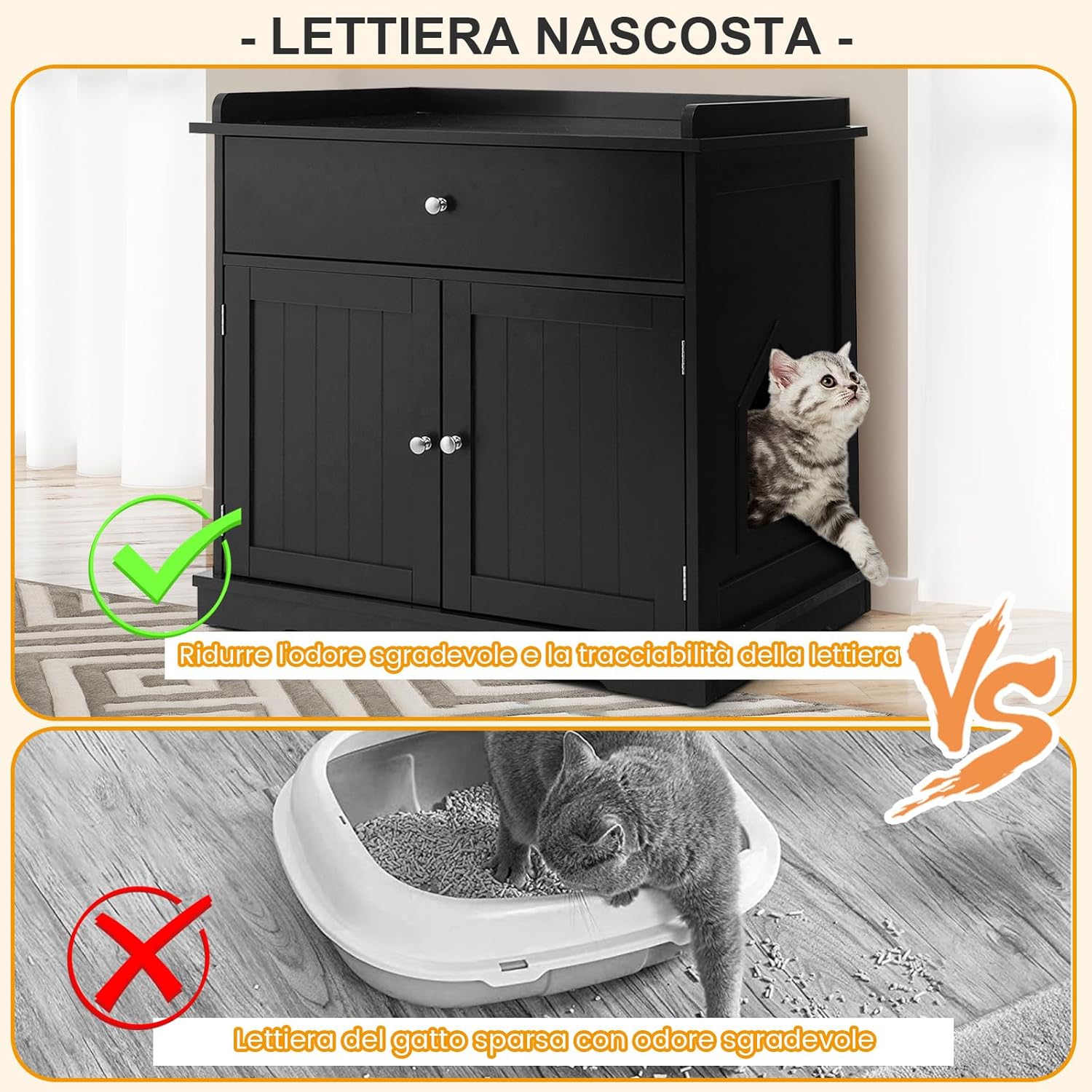 Mobile per Lettiera Gatti in Legno, con Portaoggetti, 2 Ante, Cassetto e Ingresso Laterale, Mobiletto Multiuso per Ingresso e Soggiorno, 76 x 53 x 74 cm, Carico Massimo 30 kg (nero)