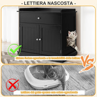 Mobile per Lettiera Gatti in Legno, con Portaoggetti, 2 Ante, Cassetto e Ingresso Laterale, Mobiletto Multiuso per Ingresso e Soggiorno, 76 x 53 x 74 cm, Carico Massimo 30 kg (nero)