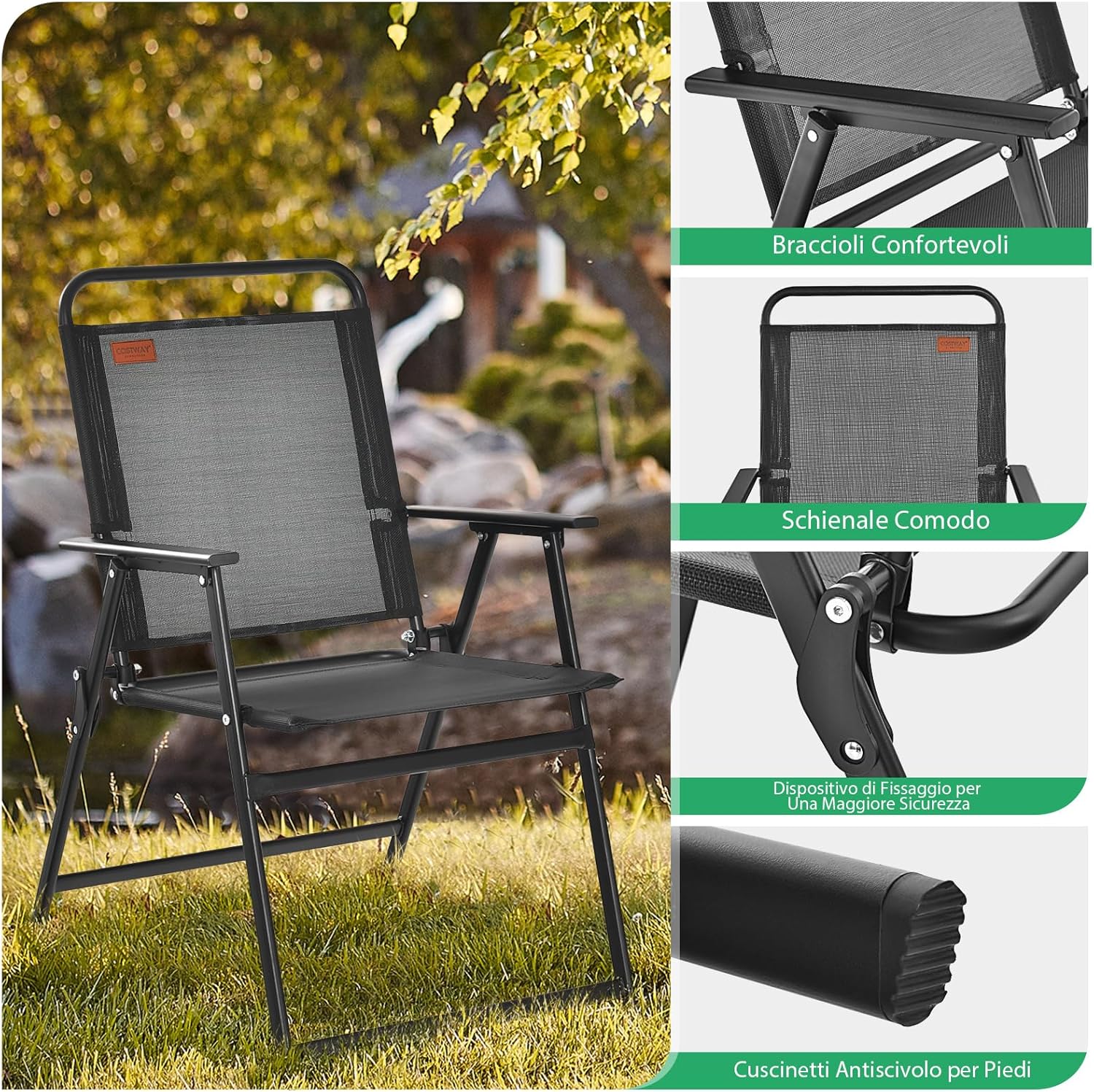 Sedie Pieghevoli da Esterno 4 Pezzi, Sedie da Giardino con Seduta Traspirante e Braccioli Accoglienti, Sedie con Telaio Robusto in Metallo da Giardino Terrazza Balcone Campeggio