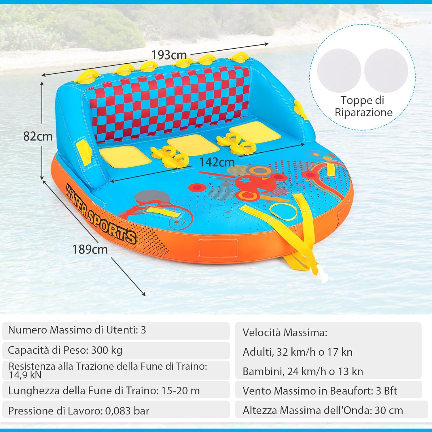 Tube Trainabile per Barche 3 Posti, Trainabili Sportivi per Acqua, Divano Trainabile con Copertura, Punti di Traino Anteriore e Posteriore, Tube Gonfiabile per Trainare Gente sull'Acqua