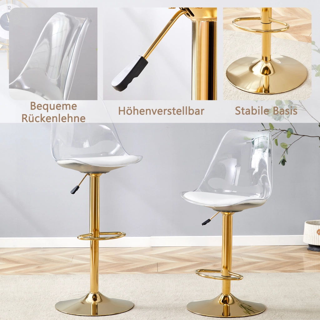 Sgabello da bar set di 2 con schienale trasparente seduta in PU girevole e poggiapiedi oro
