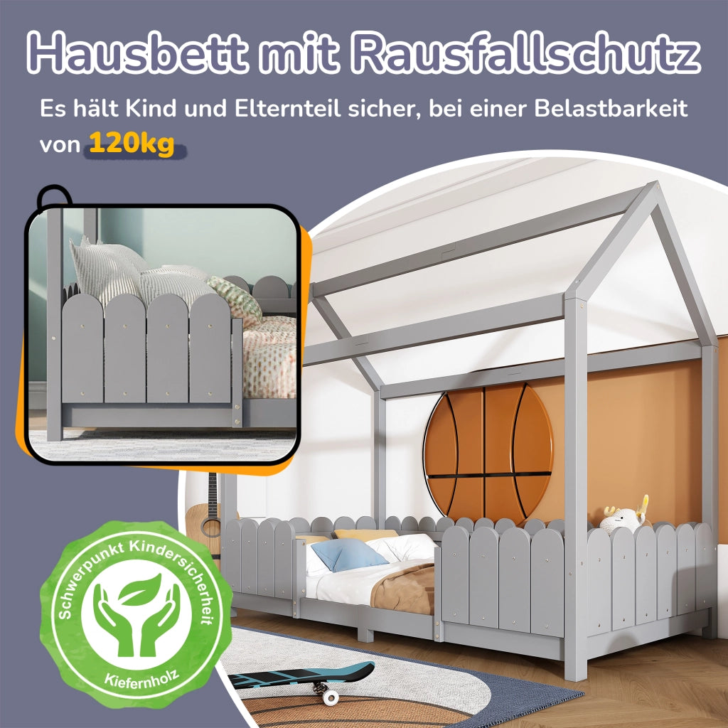 Letto a casa 90x200 cm grigio in legno massello con rete a doghe e protezione anticasco