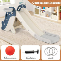 4 in 1 Scivolo per Bambini, Set da Giocattolo Arrampicata con Canestro da Basket Lancio Palla ed Anelli, Scivolo Pieghevole da Interno ed Esterno per Bambini 3 Anni +