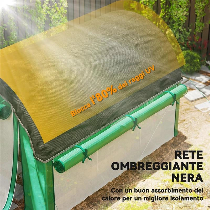 SERRA A TUNNEL 3X2 M CON RETE OMBREGGIANTE EXTRA, FINESTRE E INGRESSO A ZIP, IN PE E ACCIAIO, VERDE